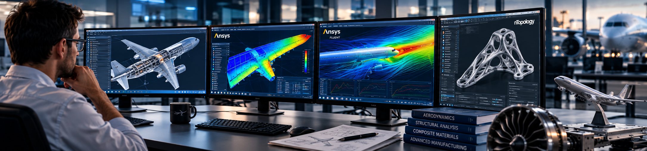 Ingénieur analysant des simulations aéronautiques sur quatre écrans